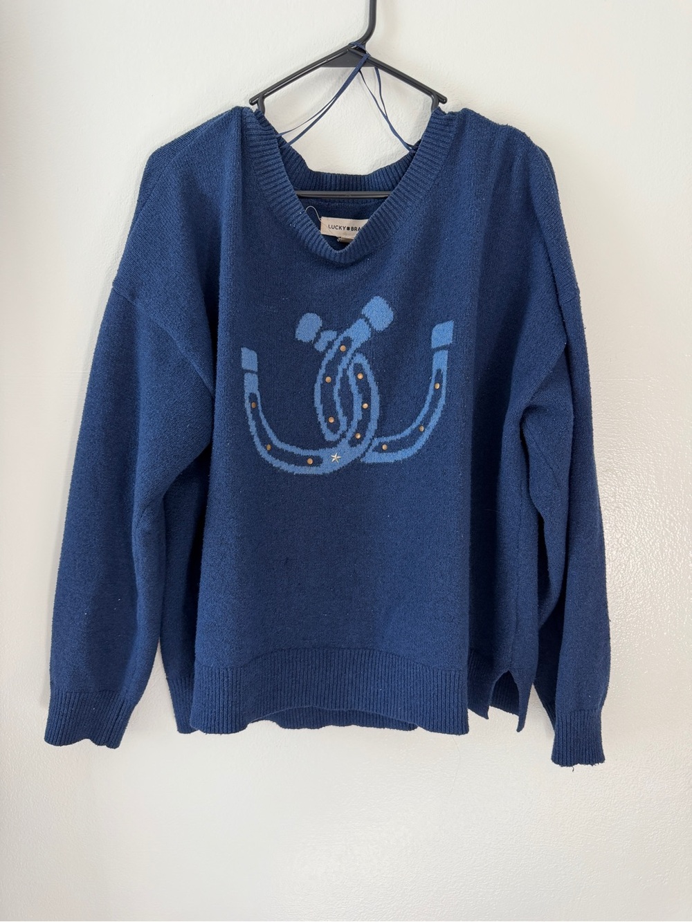 Lucky Brand Navy Horseshoe Sweater with metal stud accents